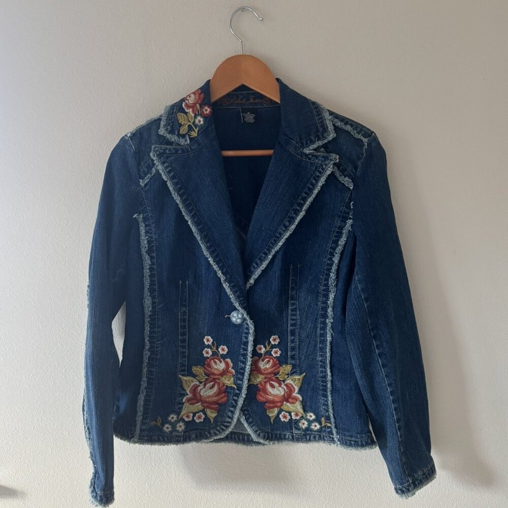 Vtg 1990s/Y2K Kitkit Jeans by Jordache Floral Embroidered Denim Jacket Size Med